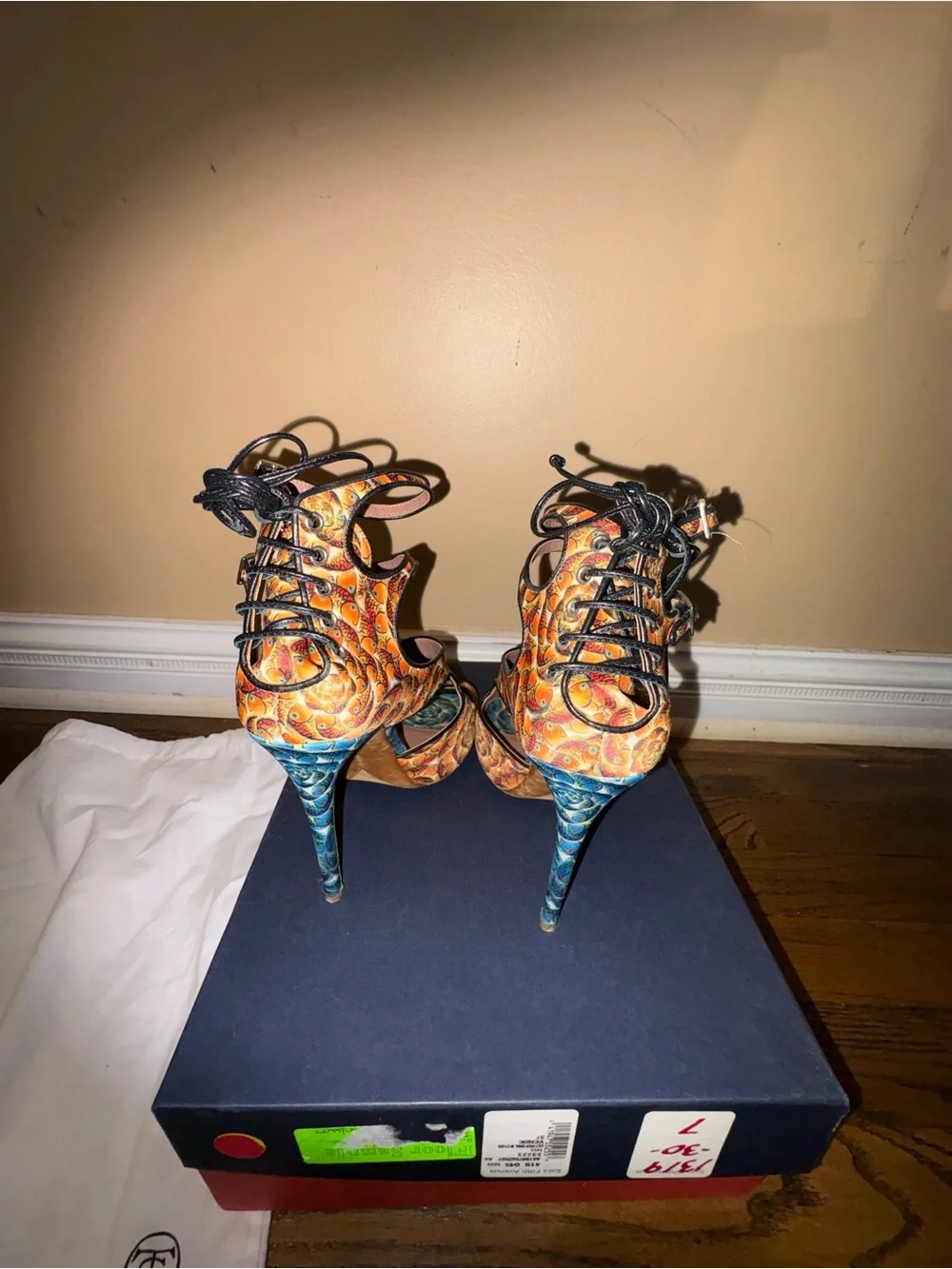 Tabitha Simmons Orange and Blue Patterned Strappy Heels